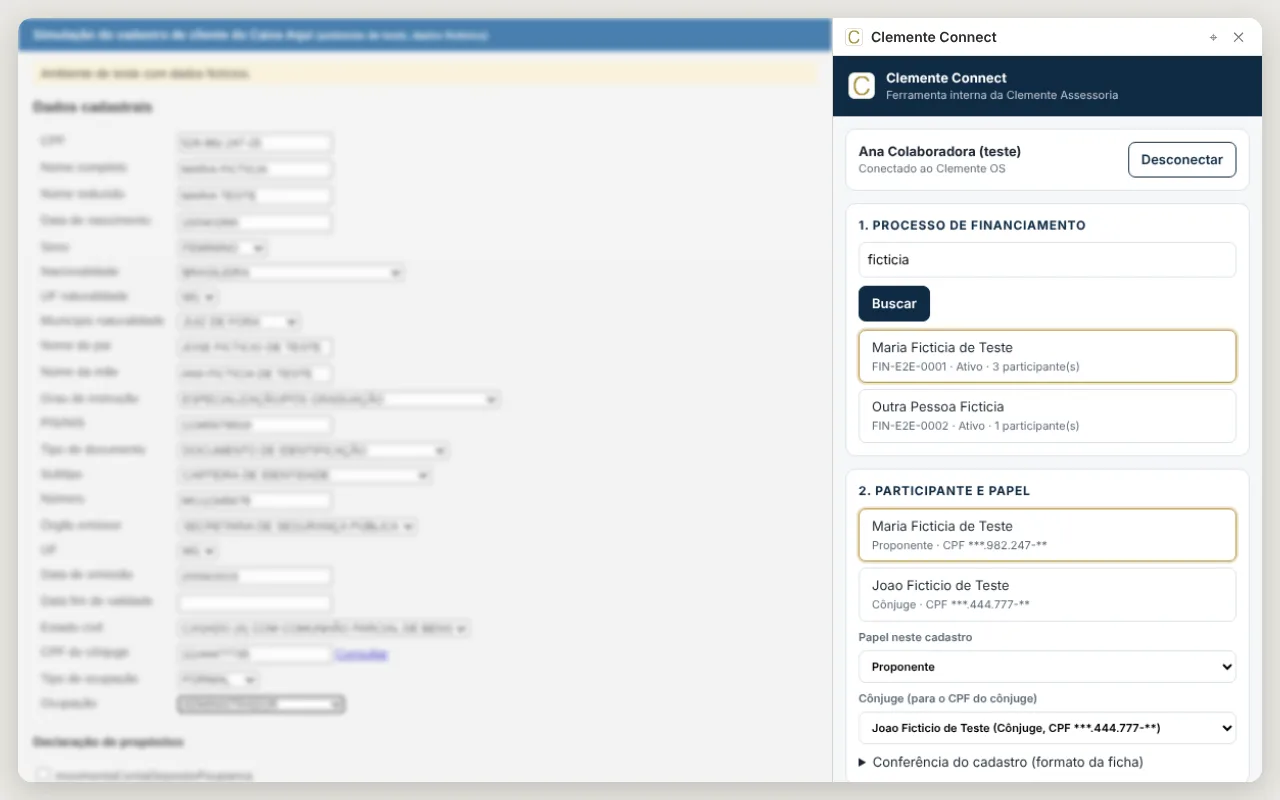 Controle da conexão: tela do Clemente Connect com dados fictícios